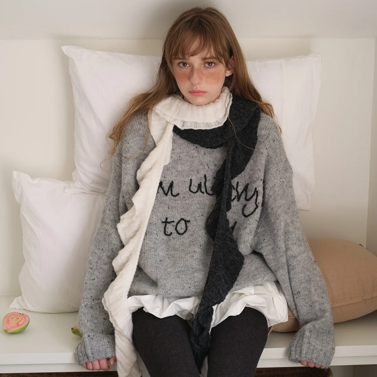 2027 Women Vintage Ruffled Edge Wool Knit Scarf, Spiral Neck Warmer for Autumn Winter Matching