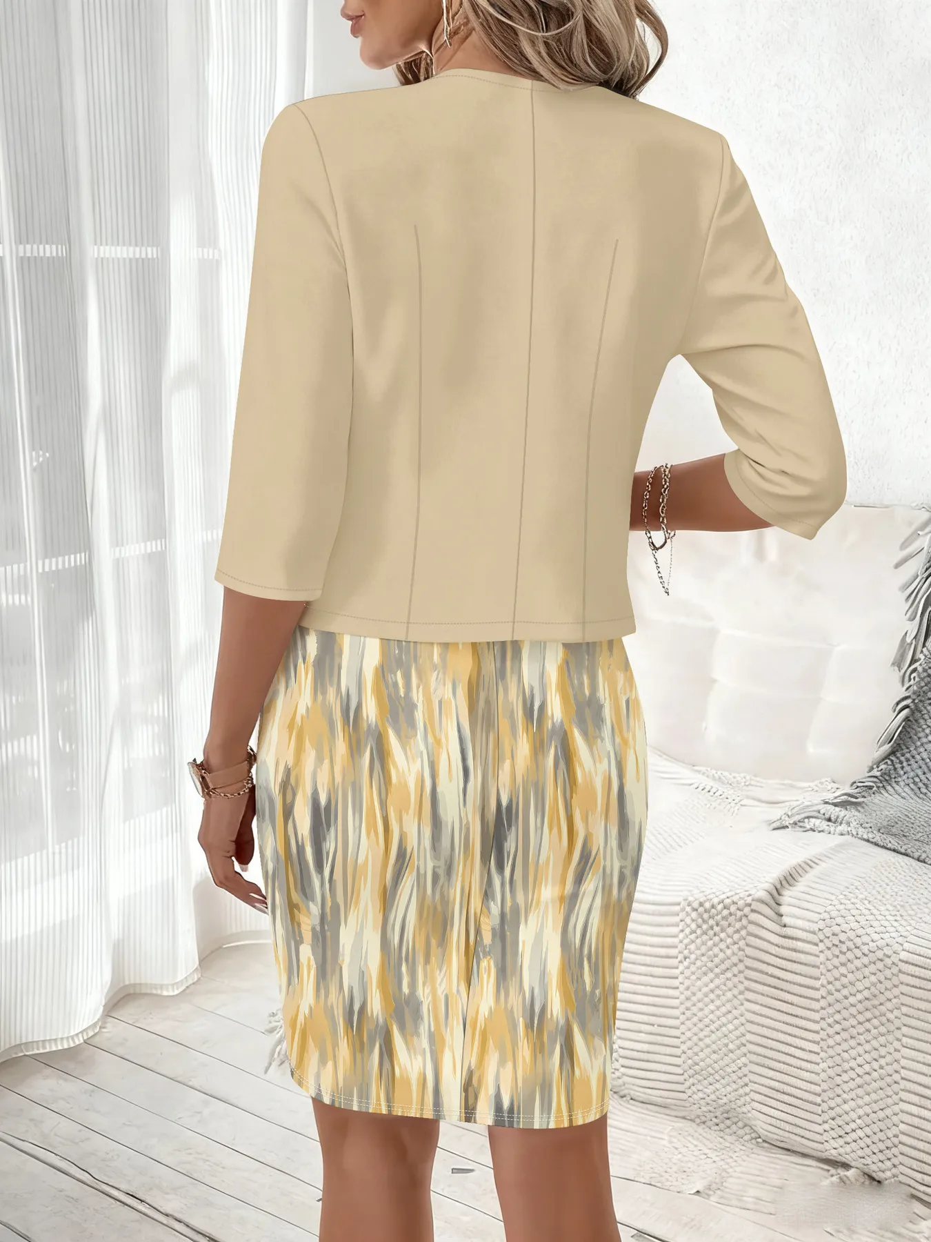 Print Design Casual Style Yellow Grey Mixed Ink Flow Print Round Neck Sleeveless Dress Set