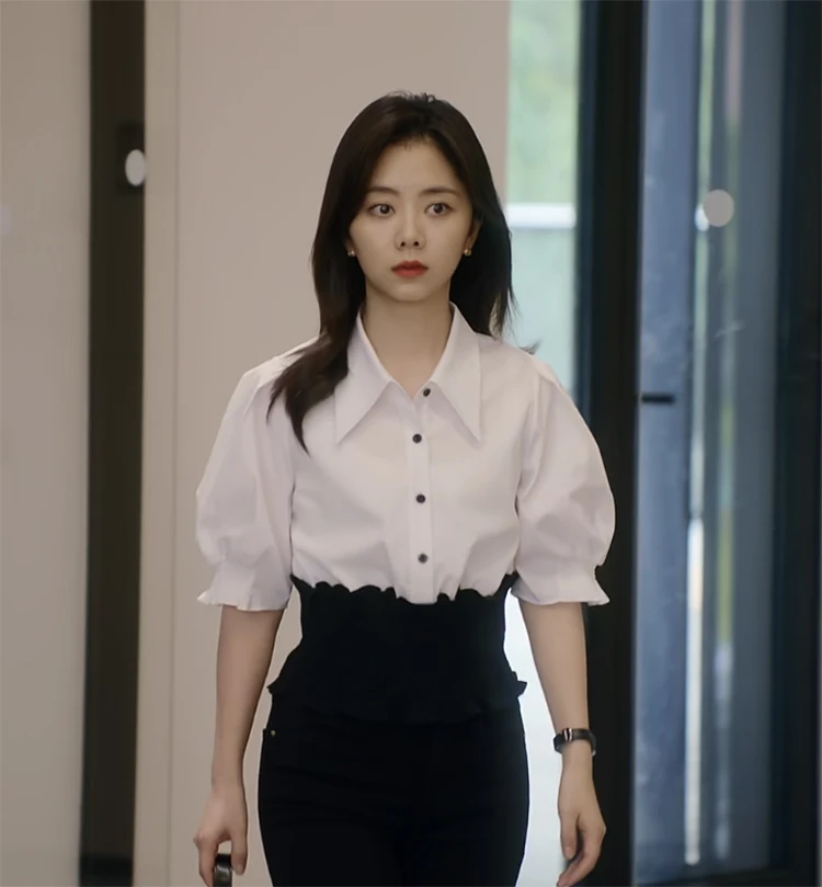 

EXJR White Short Sleeve Shirt Women's Summer Top Black Micro Flared Pants Button Detail Collar Regular Length Pure Color