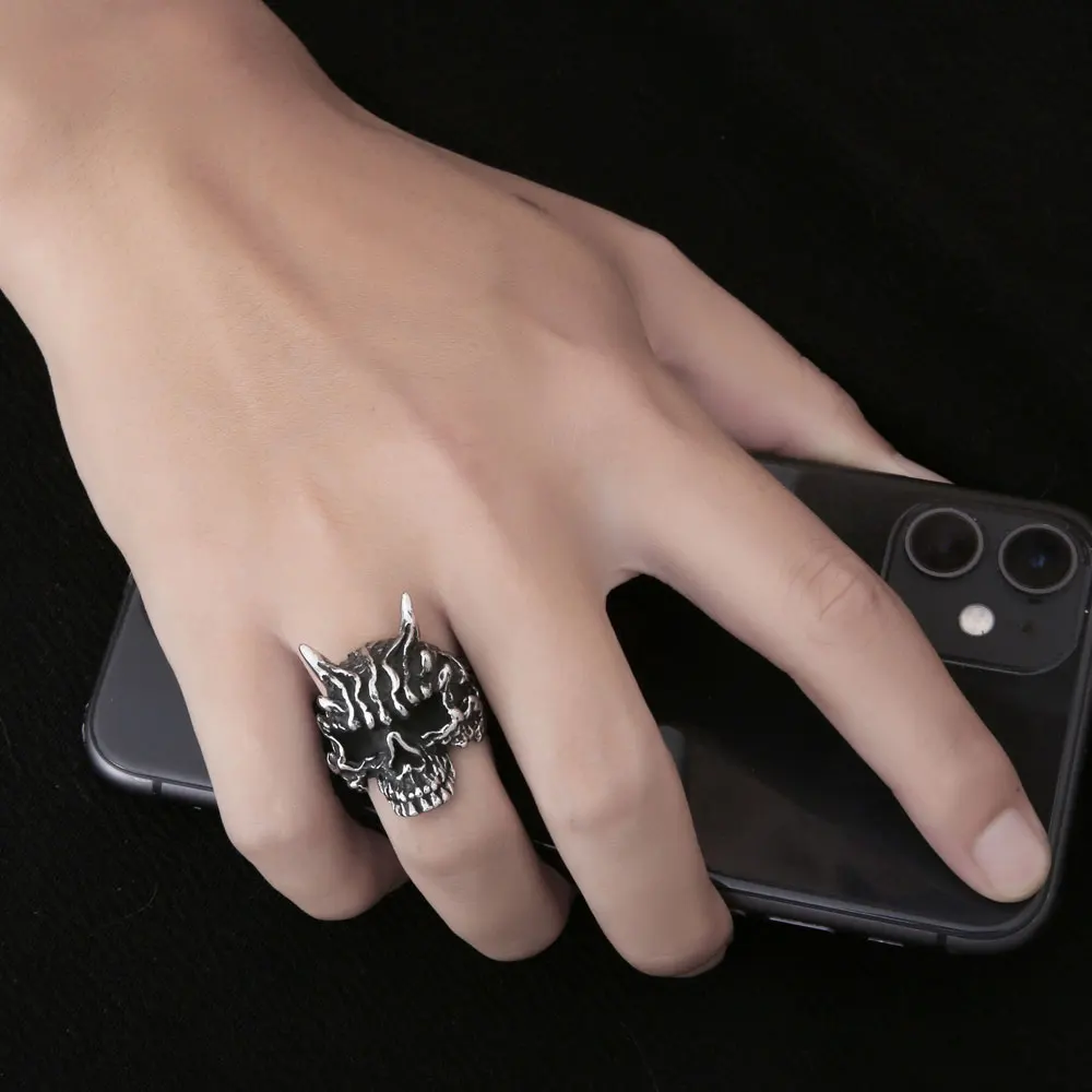 1Pcs European and American Retro Style Exaggerated Ghost Head Ring, Alternative Trendy Men's Stainless Steel Ring
