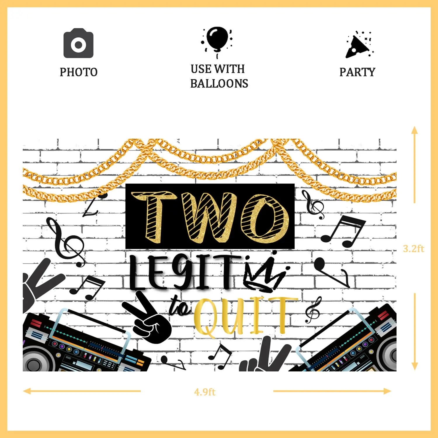 Two Legit To Quit 2nd Birthday Backdrop for Girls Boys Black Gold Hip Hop Retro Graffiti Wall Photography Background Supplies