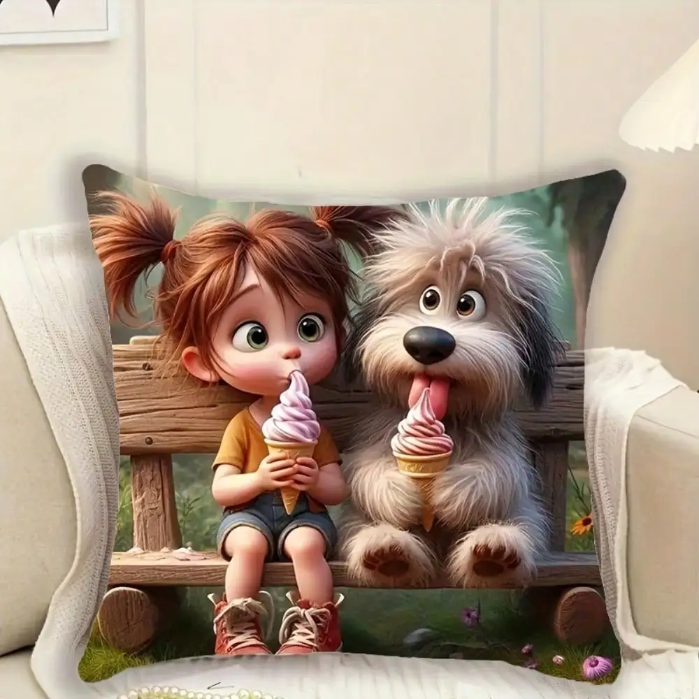 

1 шт. плюшевая наволочка с изображением девочки с мороженым и ее собаки, односторонняя печать, мягкая полиэстеровая ткань, 45,72*45,72 см, застежка-молния