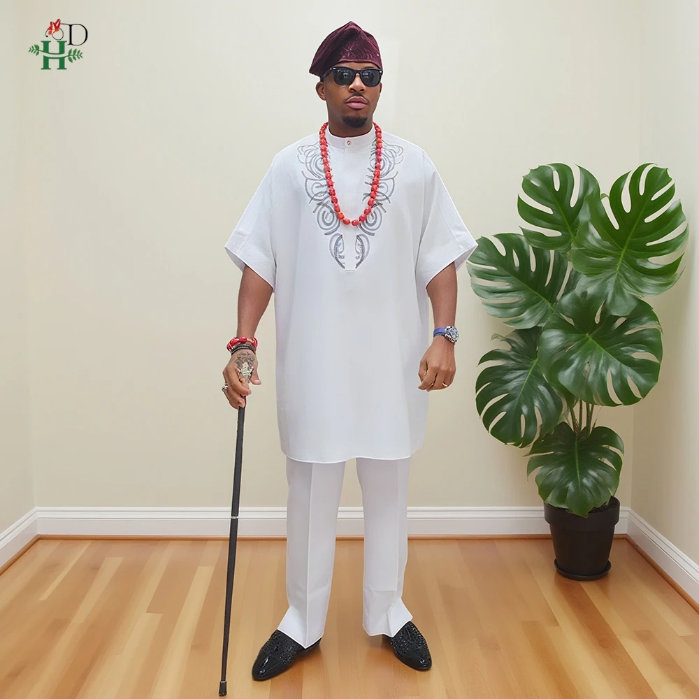 

African White Top And Pant 2 PCS Sets For Men Embroidery Work Wear White Thobe Traditional Wedding Party Suits Plus Size Clothes