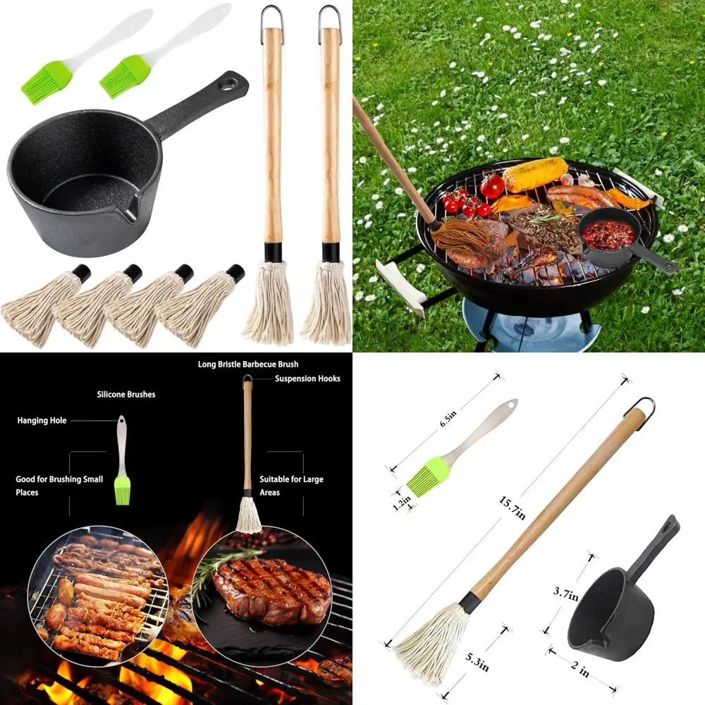 

Набор для барбекю из 11 предметов: 2 щетки для швабры с деревянной ручкой, 6 головок, чугунная сковорода, 2 силиконовые щетки для гриля