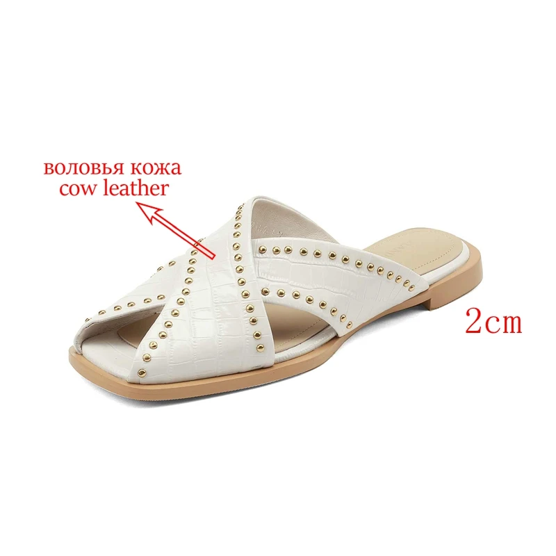 Vichelo Hot Genuine Leather Peep Toe Low Heel Mules Rivet Decoration Classic Colors Young Lady Streetwear Outside Slippers L33