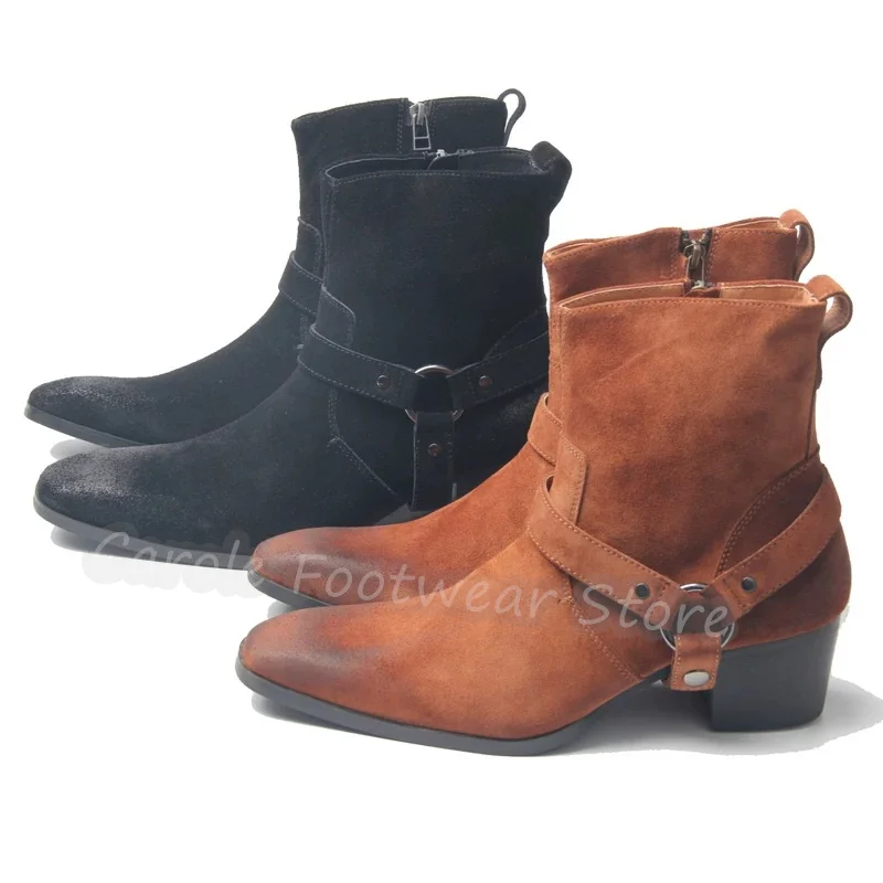 

Handmade Genuine Leather High Top Chelsea Boots for Men Square Toe Chunky Heel Blet Buckle Ankle Boots Male Motorcycle Boots