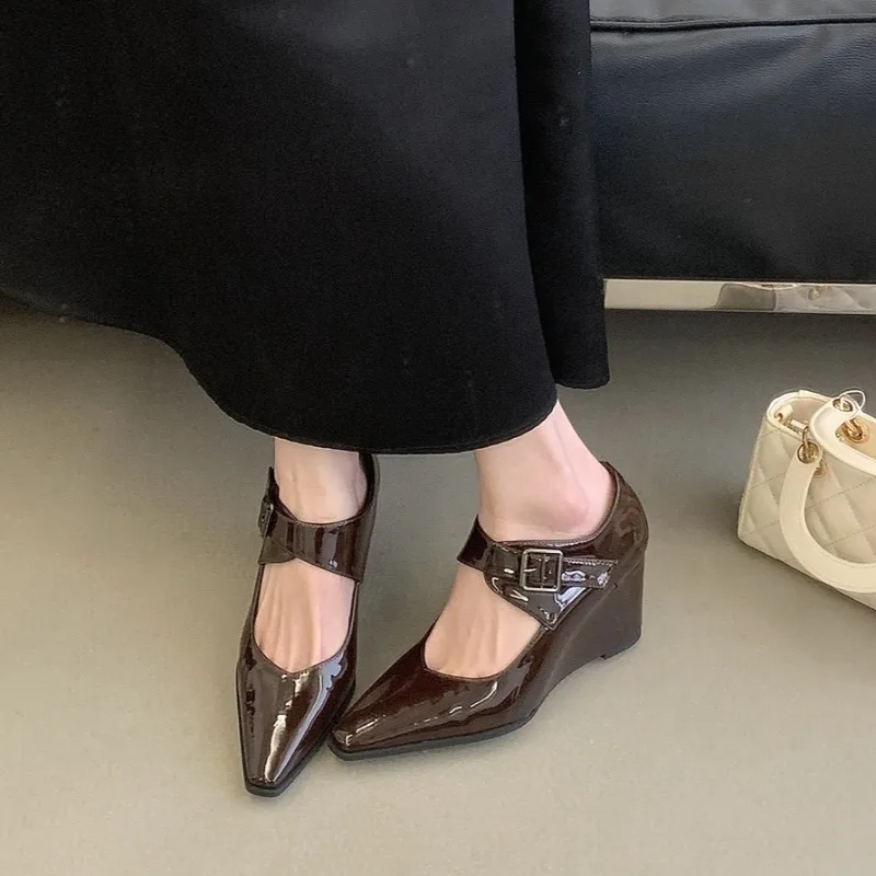Aneikeh Spring Vintage Soft Lacquered Leather Surface Mary Jane Buckle Strap Wedges Heels Women Pumps Pointed Toe Banquet Shoes