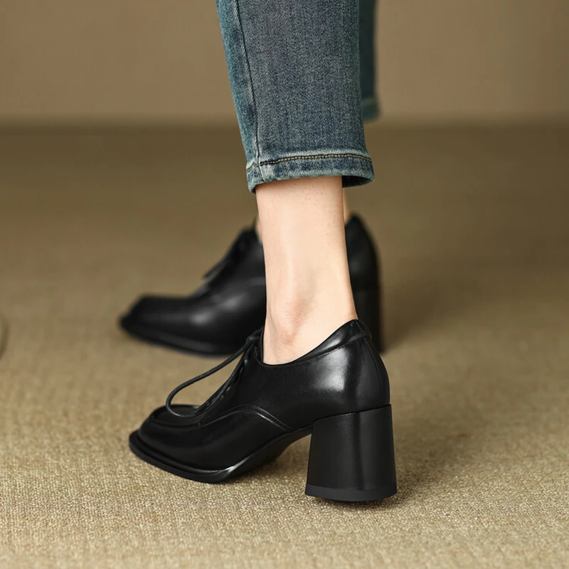 2023 Spring Women Loafers Split Leather Pumps Women Round Toe Square Heel Women Shoes Casual High Heel Shoes Women Lace-up Shoes