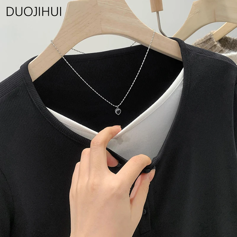 DUOJIHUI Contrast Color Fake Two Piece Loose Women T-shirts Autumn Basic Long Sleeve Chicly O-neck Simple Casual Female T-shirts