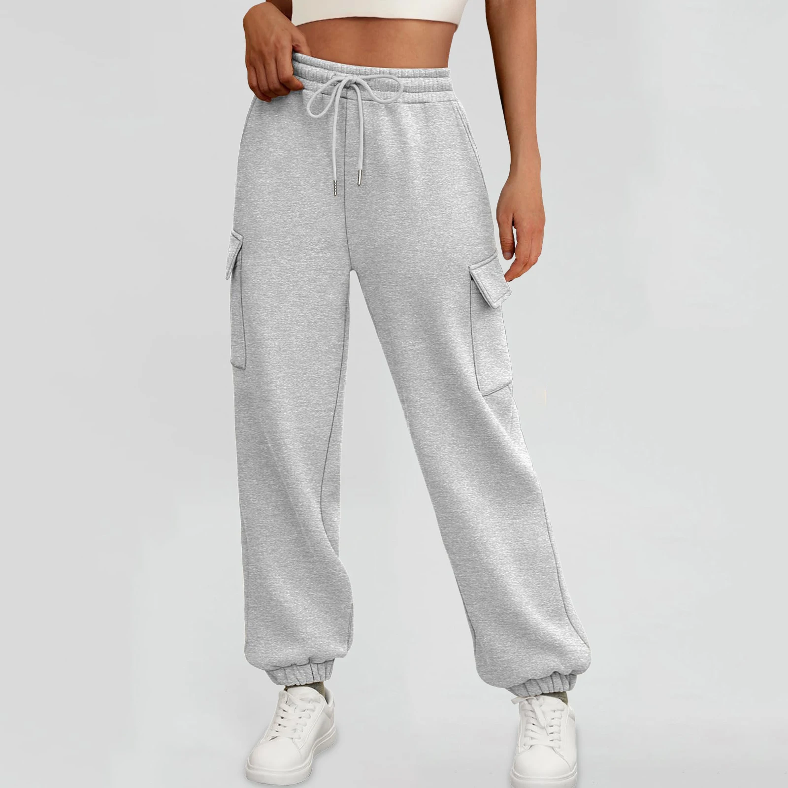 الخريف النساء الصوف Sweatpants بلون الجانب جيب عالية الخصر بنطلون رياضي سميكة عادية ركض السراويل الإناث
