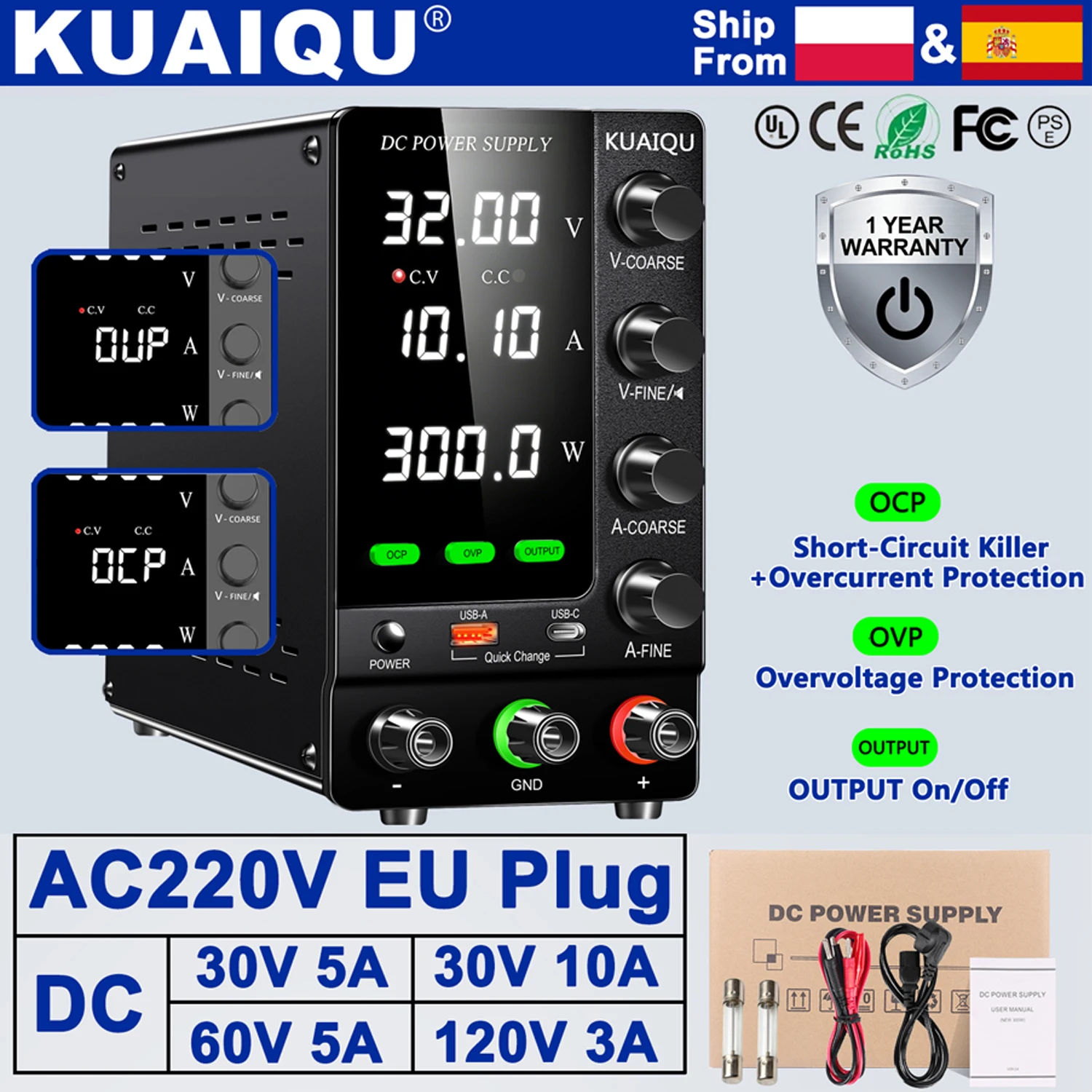 KUAIQU Official DC Power Supply Variable, 30V 60V 120V Adjustable Regulated Lab Power Supplies with OCP/OVP/Output/Encoder
