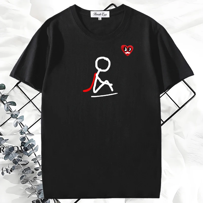 

Sad Stickman Superman Simple Drawing Printing Women T-shirt Red Eyes Beard Heart Embroidery Cotton O-neck Short-sleeved Fit Tee