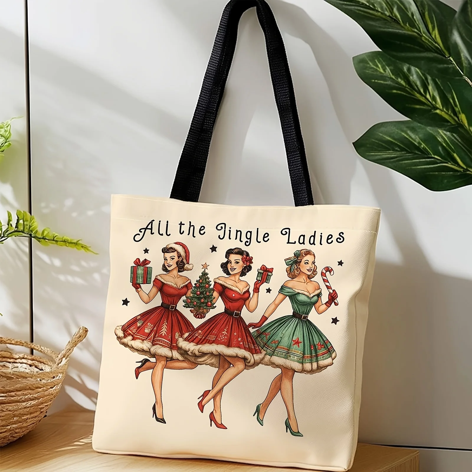 Large Capacity Vintage Christmas Tote Bag All The Jingle Ladies Retro Pin-Up Women with Gifts Beige Red Holiday Colors