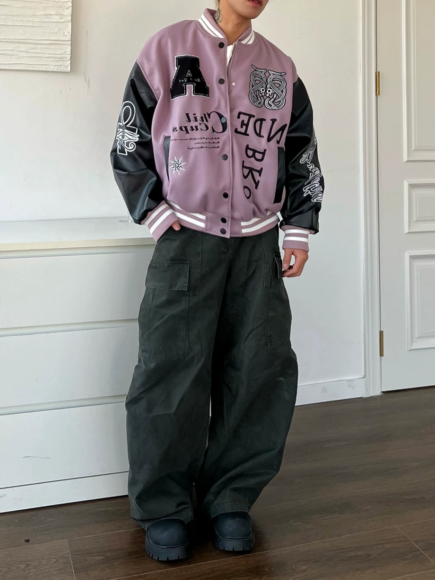 

Original American Letter Embroidery Patchwork Baseball Jaet Loose Fit Men's Women's Autumn Winter New High Street Jaet Top