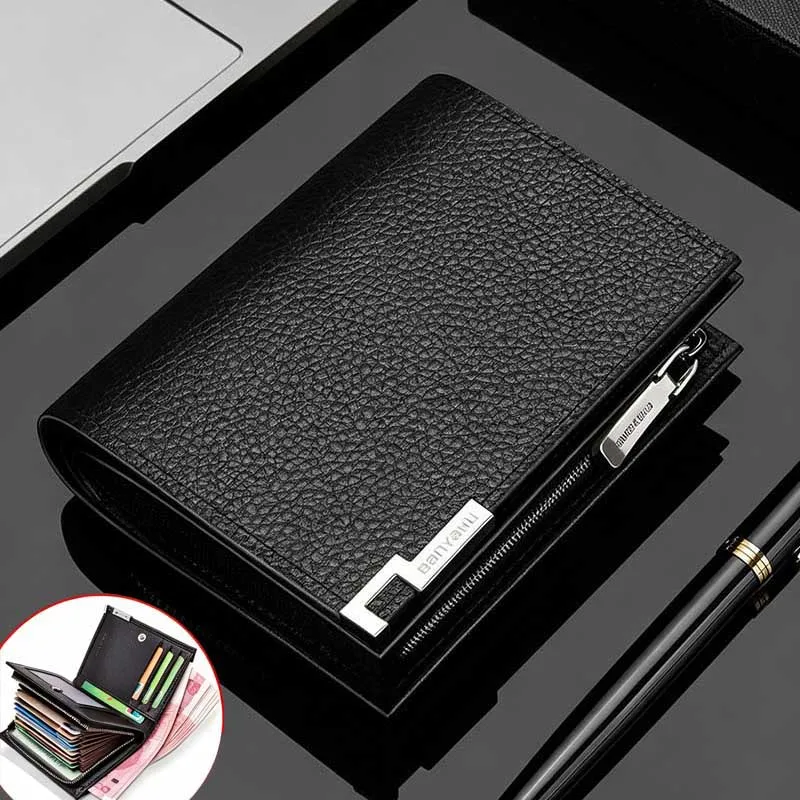 Men Short Zipper Wallet Genuine Cowhide Leather Multifunctional Large Capacity Card Case All In One Leather Billfold
