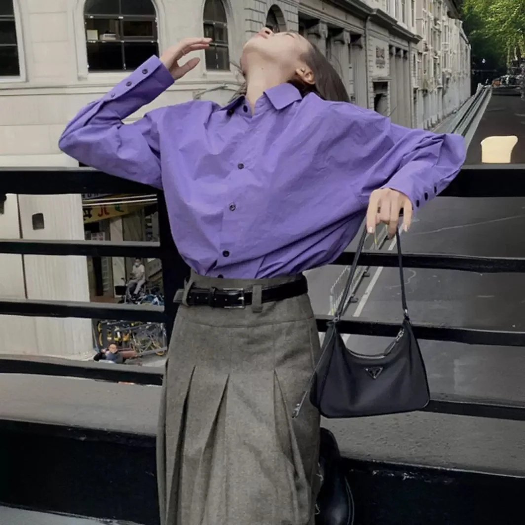

Unique French Style High-End Purple Shirt Top For Women Spring Summer New Base Long Sleeve Loose Casual Blouse