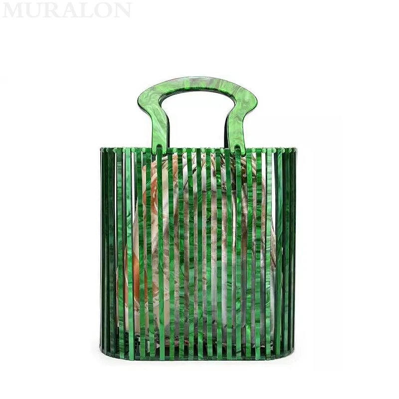 Fashion Green Acrylic Beach Vacation Bamboo Basket Tote Bag All-match Hollow Casual Daily Shopping Handbag