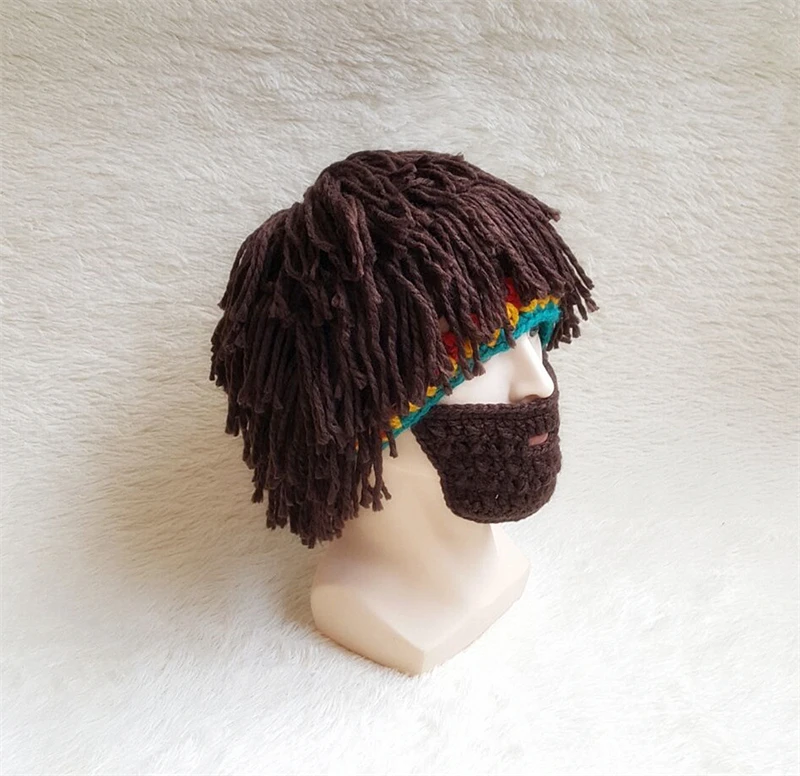 Funny Men Women Knit Bearded Hats Handmade Wig Winter Warm Ski Mask Beanie Rasta Hat with Dreadlocks Christmas Halloween Caps