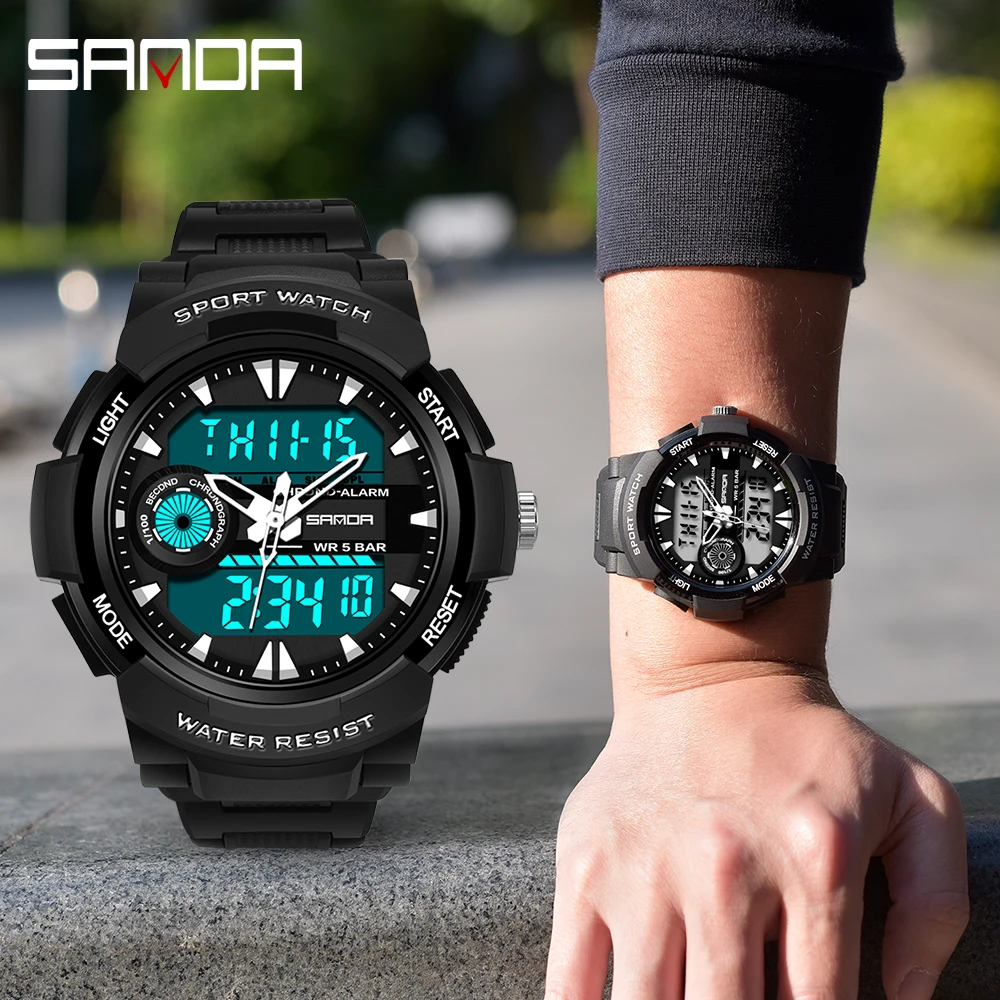 SANDA-reloj deportivo de cuarzo para hombre, cronógrafo Digital luminoso de 5 bares, resistente al agua, con pantalla Dual, 6002