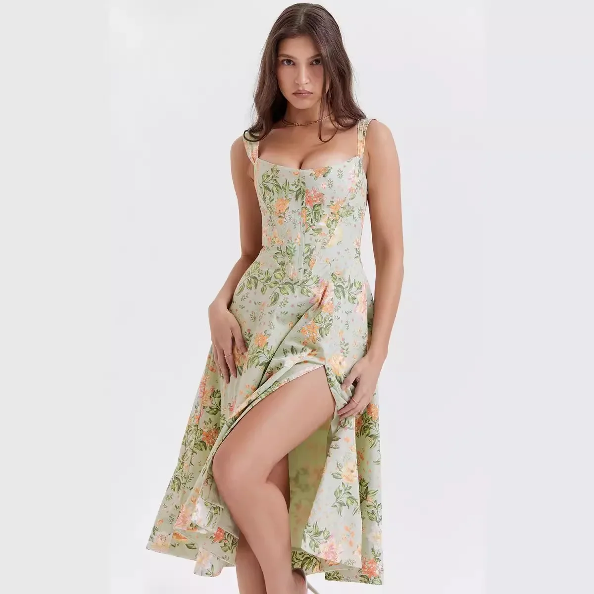 Dames Lente En Zomer Nieuwe Mode Temperament Slank Halter Sexy Split Bloemen Vierkante Kraag Mouwloze Jurk Vestidos Y 2K