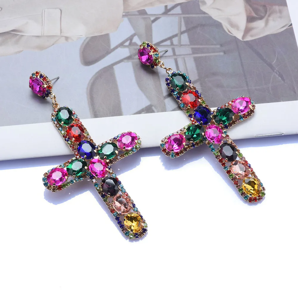 Fashion exaggerated alloy diamond-encrusted colored cross earrings luxury earrings women's cross-border earrings wholesale