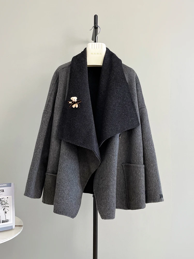 

Mane Double-sided Woolen Scarf oulder Design High-End Feel Women's Coat K20 Long Sve Mid-Length Commute Sle