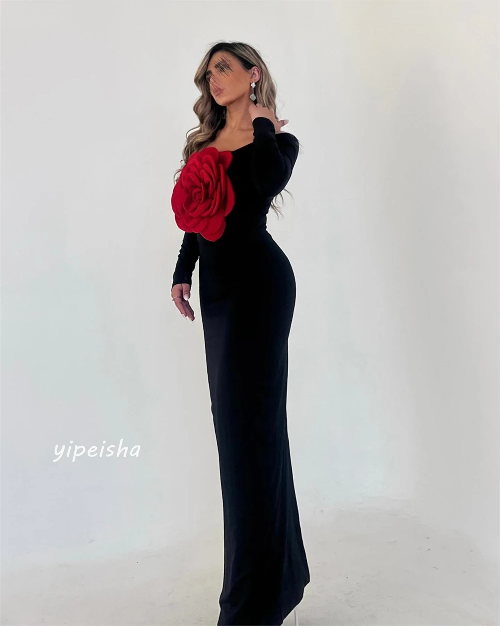 Customized  Evening Saudi Arabia Jersey Flower Ruched Valentine's Day A-line O-Neck Bespoke Occasion Gown Long Dresses