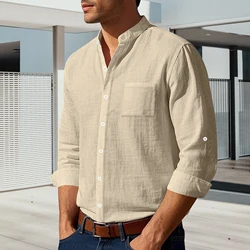 Men Formal Shirt Men's Slim Fit Cardigan Shirt with Stand Collar Lapel Single-breasted Design for Formal Business Wear in Fall