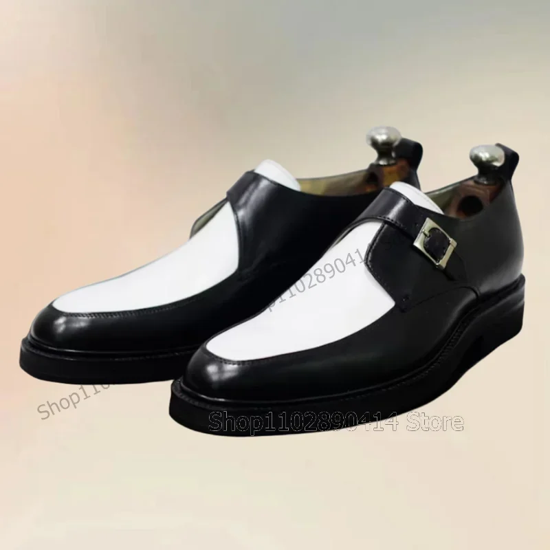 

Black White Buckle Decor Sewing Design Loafers Fashion Slip On Men Shoes Luxurious Handmade Party Office Banquet Men Dress Shoes