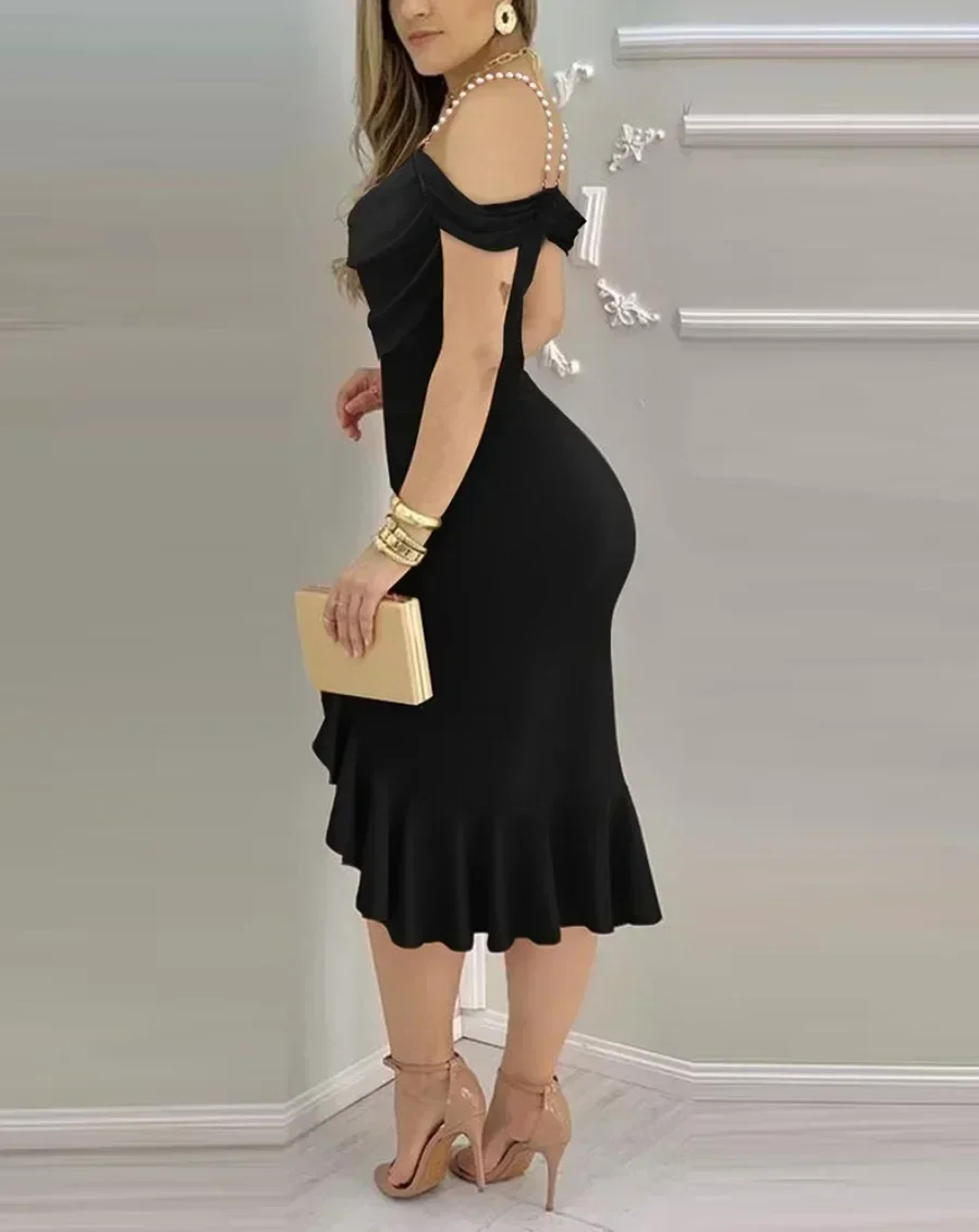 Women Pearl Strap Cold Shoulder Cowl Neck Bodycon Midi Dress Ruffle Split Mermaid Party Dress