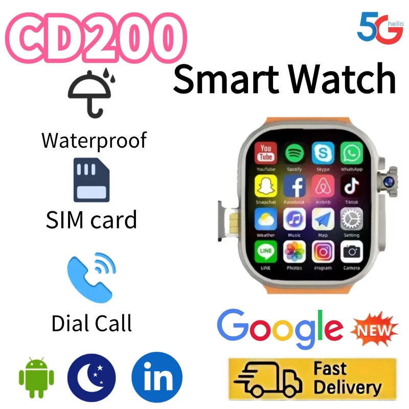 Montre connectée 5G CD200 avec carte SIM, caméra rotative, Android 9.0, Bluetooth, GPS, Google Play, version mondiale, téléphone WiFi