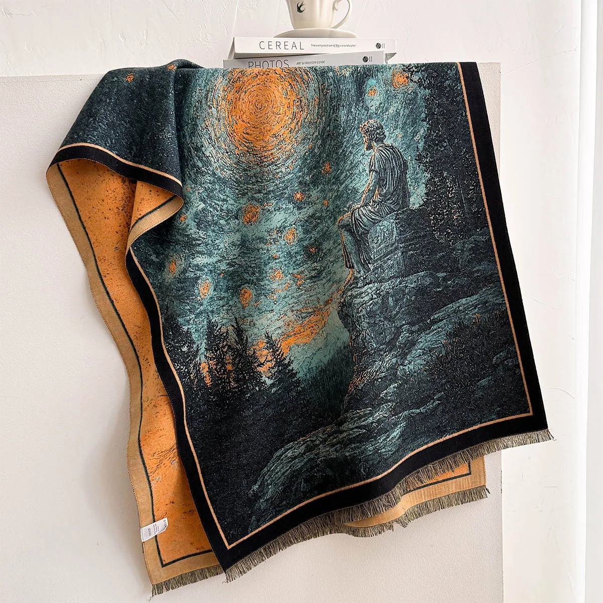 Autumn Winter Women Imitation Cashmere Reversible Scarf Starry Night Philosopher Oil Painting Print Tassel Shawl Wrap Fashion