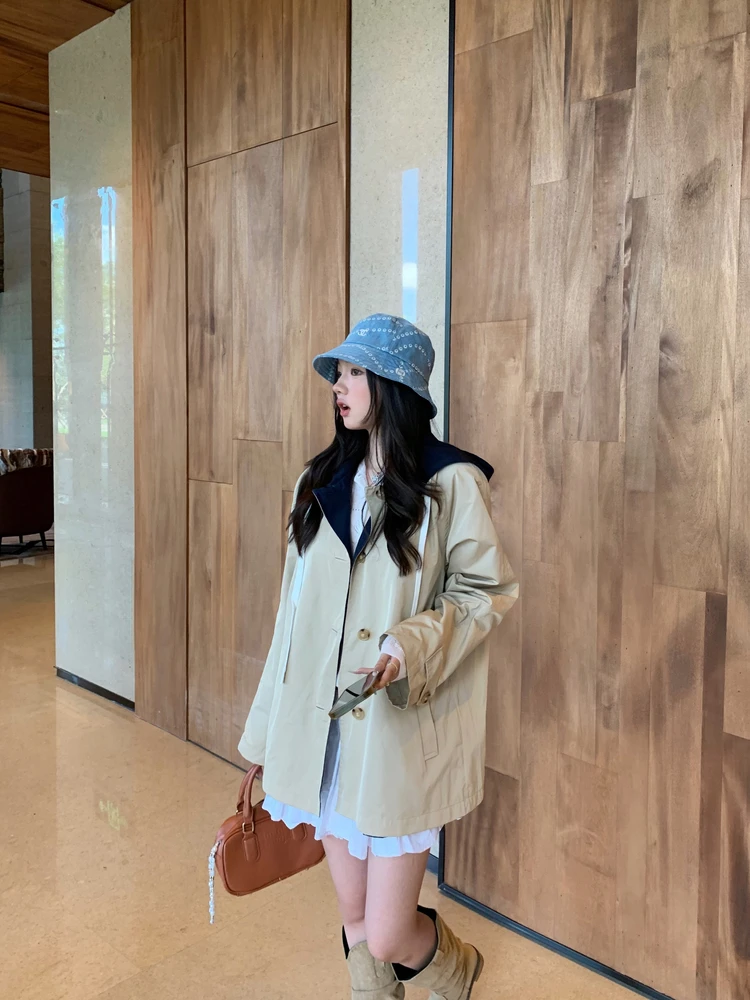 

Женская двусторонняя куртка с капюшоном и отложным воротником, осенняя новинка, свободный крой, длинный рукав, цветная