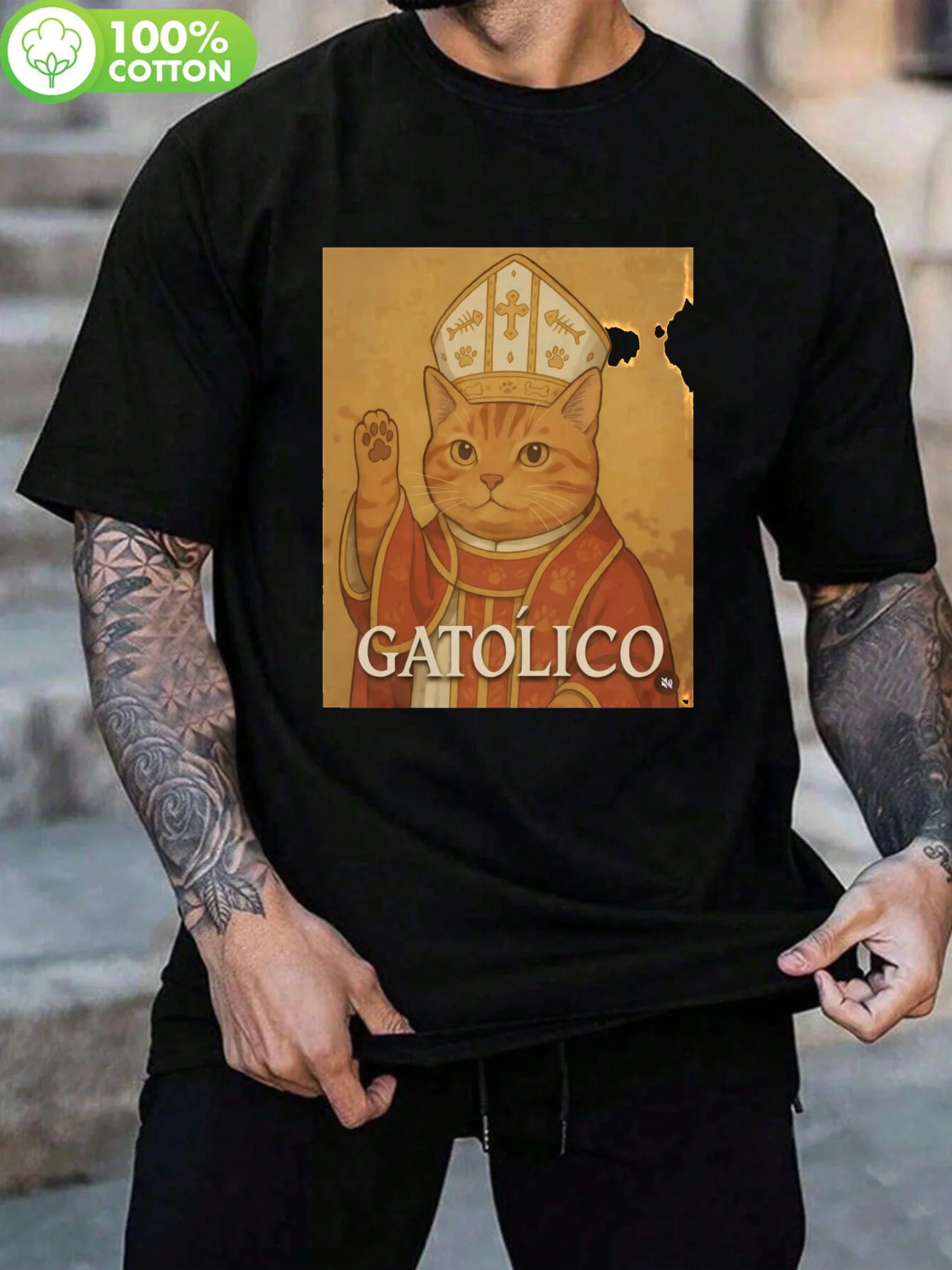 2026 Men'S Funny for catholic for cat Pope Pius XII Parody T-Shirt - GATOLICO Graphic Print Short Sleeve Tee, Breathable Round N