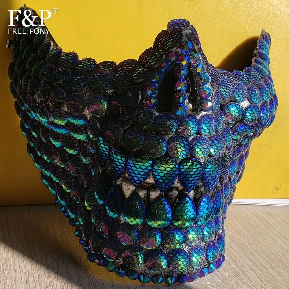 

Burning Man Festival Steampunk Iridescent Mermaid Jewelry Skull Half Face Mask Drag Queen Halloween Costume Rave Accessories