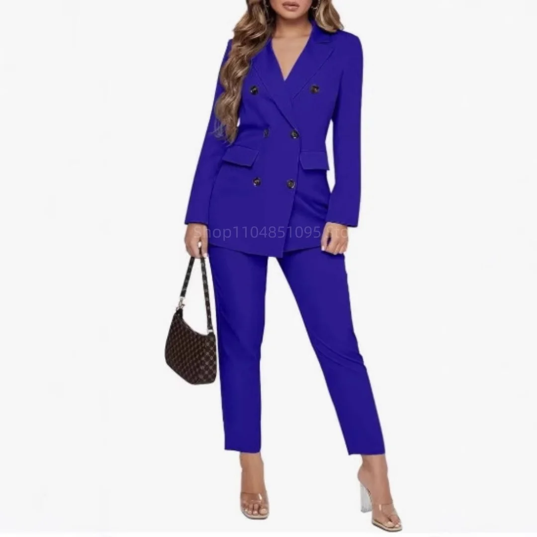 

Royal Blue Women Plus Size Suit 2 Piece Double Breasted Slim Fit Temperament Suitable For Business Work Set Jacket With Pants
