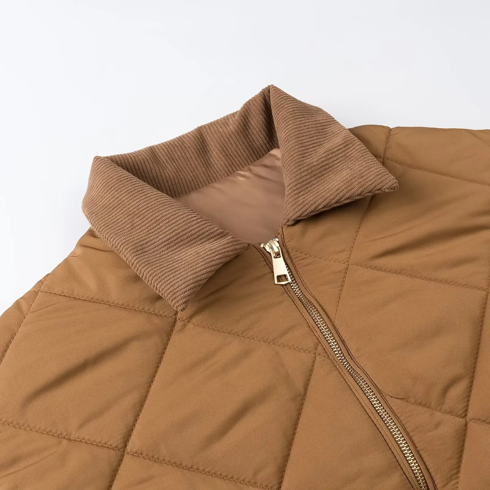 KASLEAD New Women's Loose Fit Cotton Jacket Corduroy Contrast Color Collar Diamond Pattern Zipper Closure Mid-Length Coat