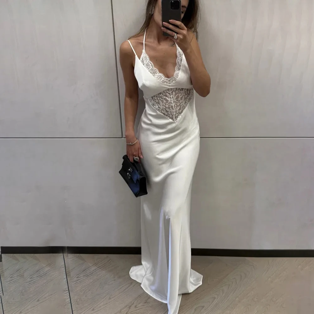 

Ticketsx V-neck Lace Hollow Out Backless Strapless Dress Summer Sexy High Waist Slim Long Dress Beach Vacation Women's Dress
