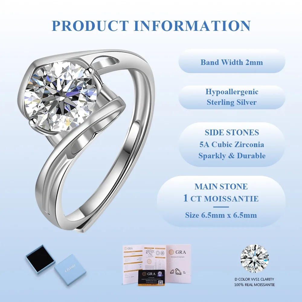 

Кольцо GRA 1ct с настоящим муассанитом и изогнутой оправой для женщин, из стерлингового серебра 925 пробы, для повседневной носки и вечеринок, роскошное, высококачественное ювелирное изделие