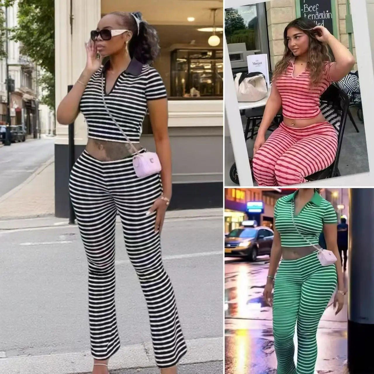 

Модный полосатый комплект из топа с короткими рукавами и брюк с воротником, женский осенний костюм прямого кроя из двух предметов, рабочая одежда в европейском стиле