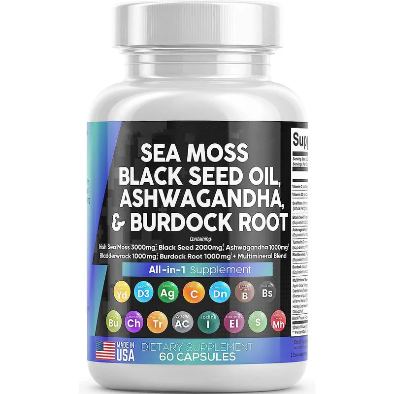 

Seaweed black seed oil, Ashwagandha turquoise bard, vitamin C, vitamin D3, vitamins and minerals are good for overall health.