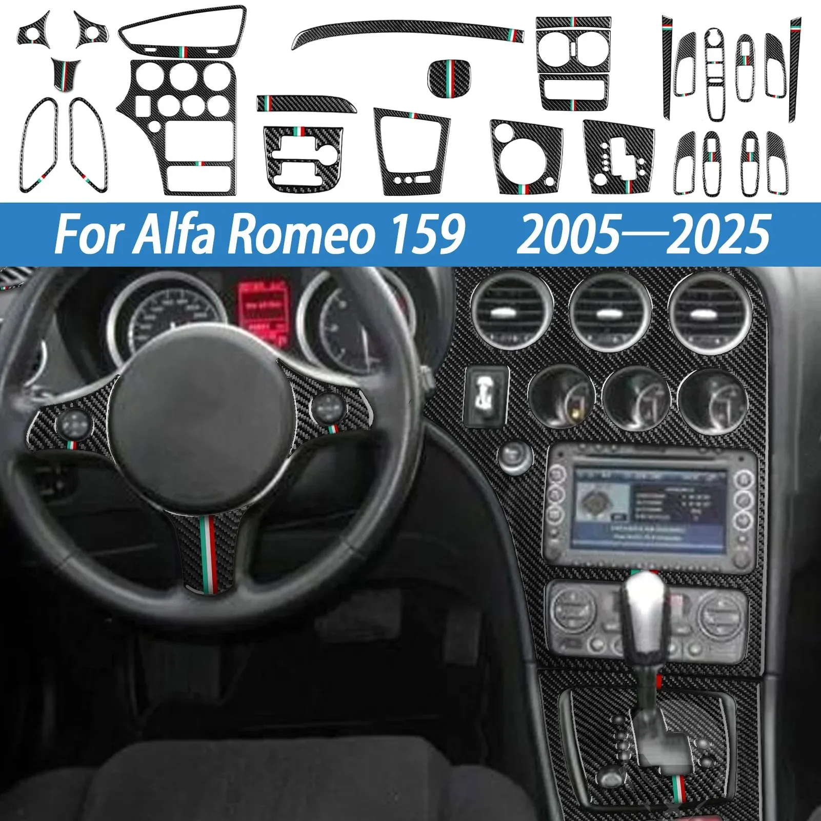 

For 2004-2011 Alfa Romeo 159 Car Center Console CD AC Steering Wheel Gear Shift Knob Panel Frame Trim Carbon Fiber Sticker