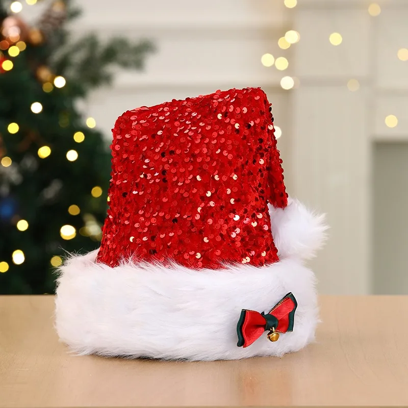 2026 Unisex Christmas New Red Sequin Bow Double Layer Plush Long Santa Hat