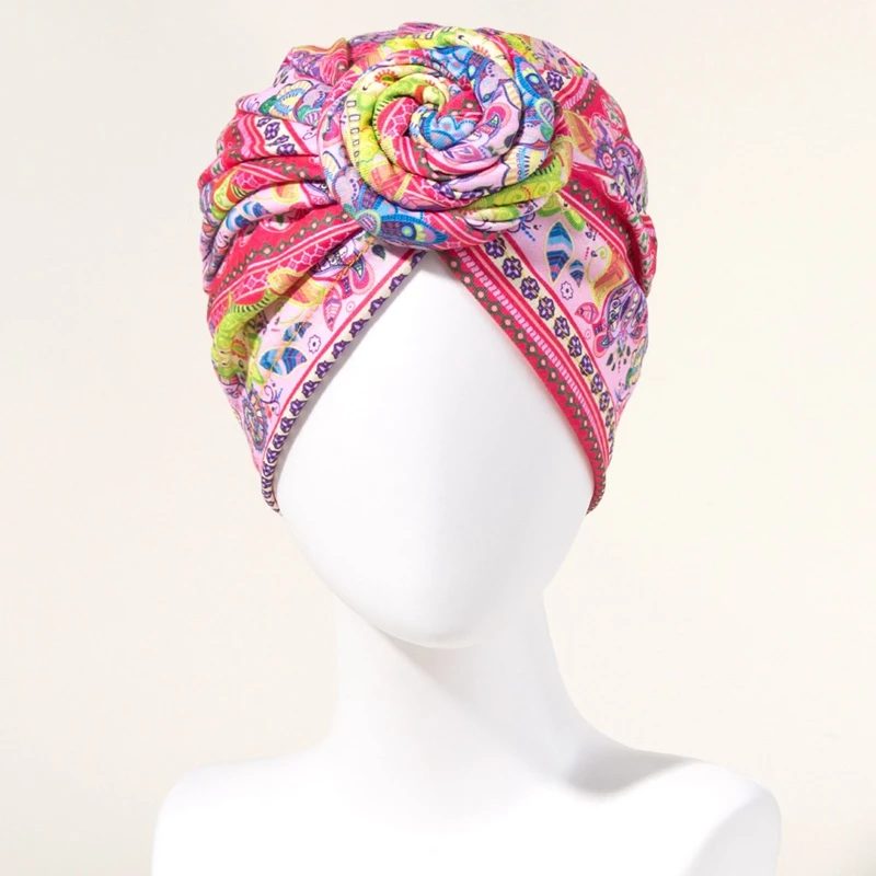 Women Ethnic Style Pattern Turban Top Knot Headwrap Muslim Ladies Hair Cover Beanie Head Wear Colorful India Hat Accessories