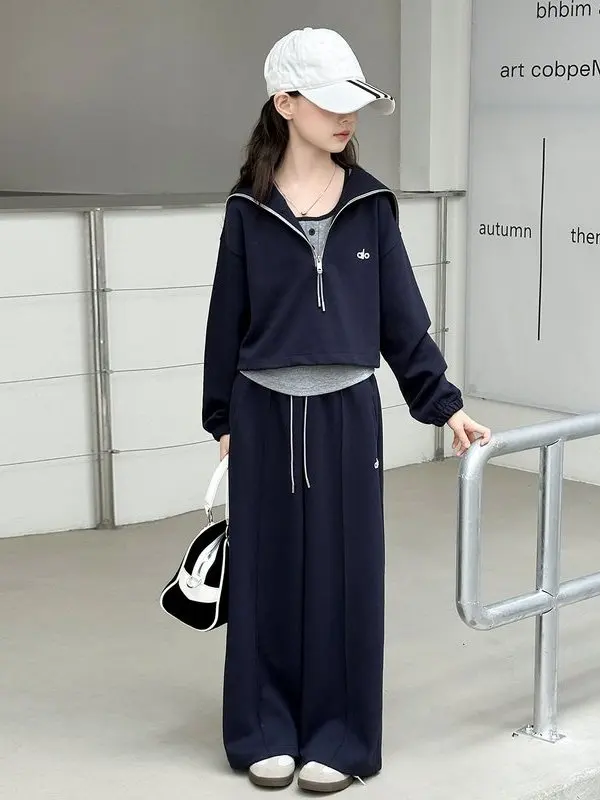 

Комплект спортивной толстовки для девочек, повседневная корейская футболка, осенний наряд для больших детей, удобная модная детская одежда