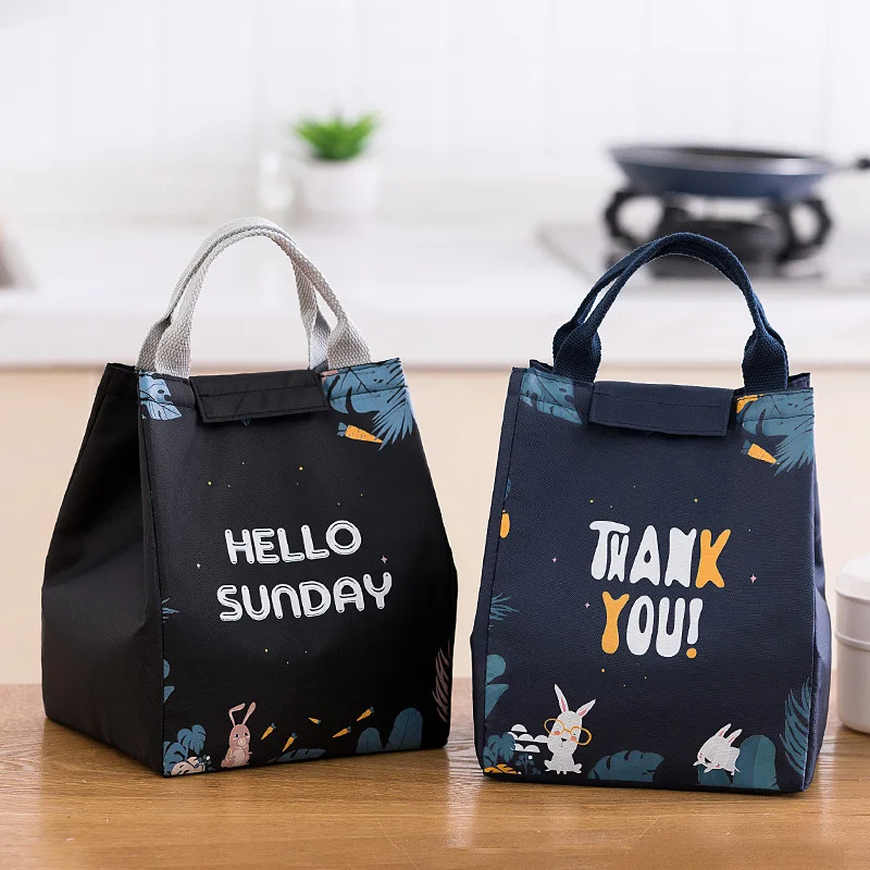 Portable Blue Letter Printed Lunch Box Large Capacity Insulated Thermal Oxford Cloth Food Storage Picnic Bag For Women Kids