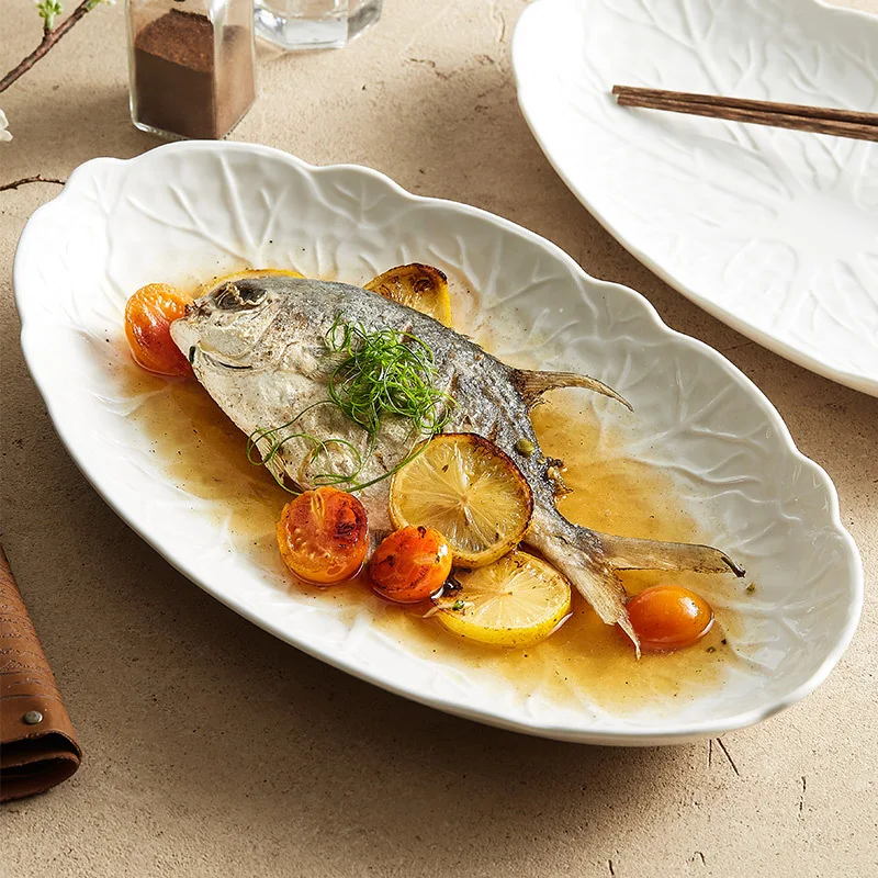 

Oval Fish Steaming Plate Ceramic Fish Plate New Homehold Light Luxury High-Grade Japanese Creative Cabbage Relief Dish