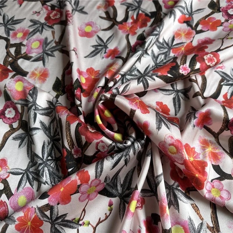 1 meter 95% Mulberry Silk 5% Spandex 21 momme Heavy Charmeuse Silk Fabric Pink Floral Printed 105cm 41.3\