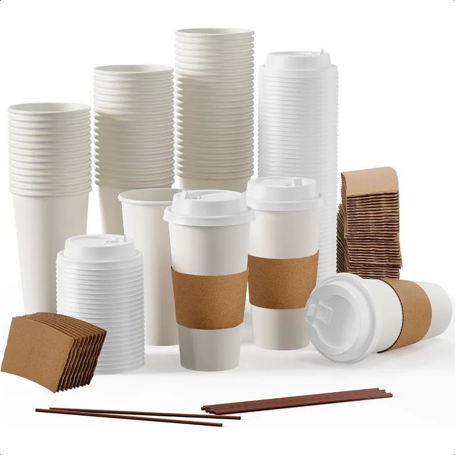 

[50 Pack] 20 oz Paper Coffee Cups Paper Coffee Cup with Lids Sleeves and Stirrers Hot Cold Beverage Drinking Cup for Water Jui