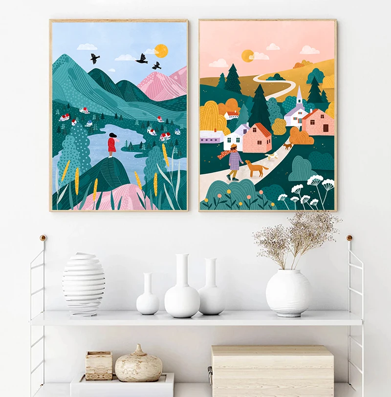 Girl with Dog Walk Forest Snowy Town Flower Ski Illustrated Landscape Poster Canvas Painting Print Living Room Art Home Decor view 4
